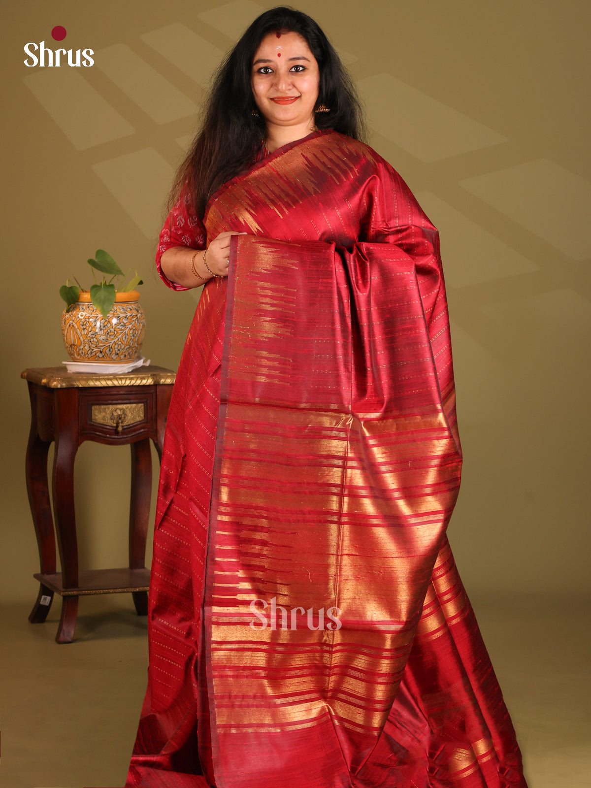 Beautiful Maroon Monochrome Raw Silk Saree with zari stripes , self temple zari border - Shop on Shrus.com