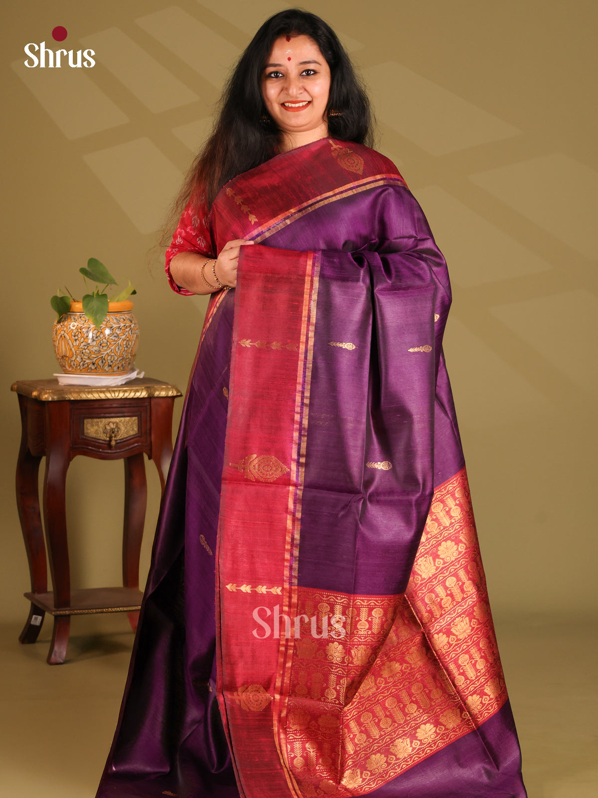 Elegant Violet Raw Silk Saree with zari buttas , contrast maroon floral brocade pallu - Shop on Shrus.com