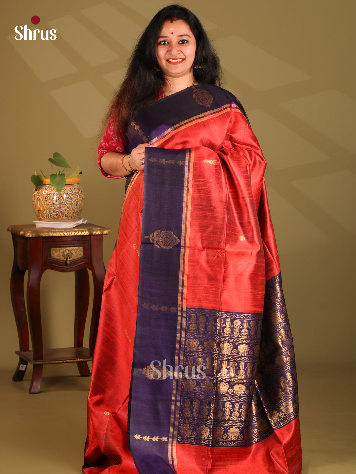 Chic Red Raw Silk Saree with gold zari buttas & Contrast Blue brocade pallu