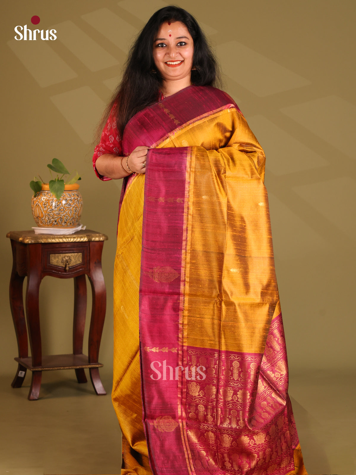 Glorious Mustard Raw Silk Saree with gold zari buttas ,contrast Maroon zari brocade pallu - Shop on Shrus.com