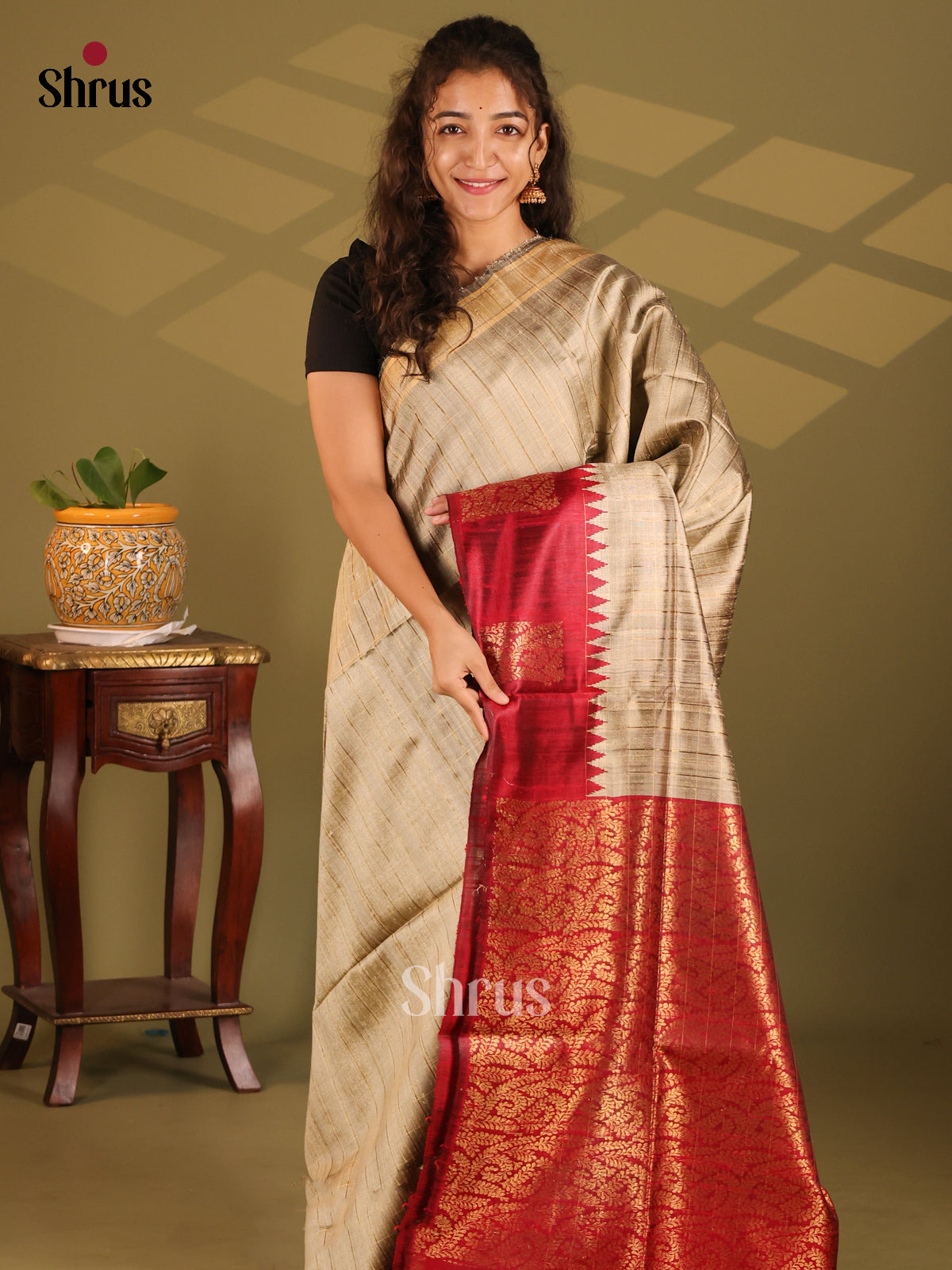 Charming Grey Raw Silk Saree with zari checks , contrast Maroon floral brocade pallu - Shop on Shrus.com
