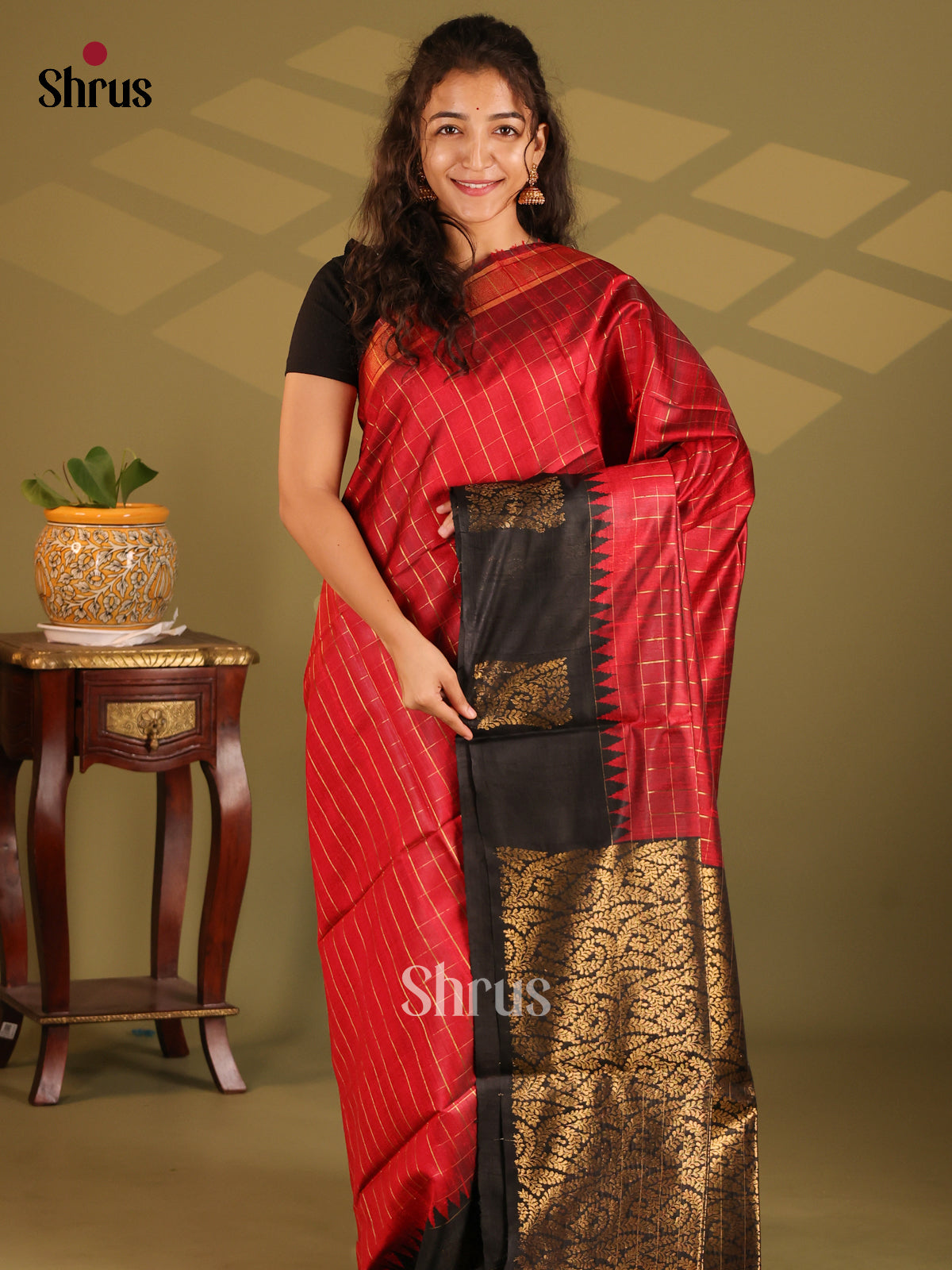 Rich Red Raw Silk Saree with gold zari checks , contrast Black floral bocade pallu