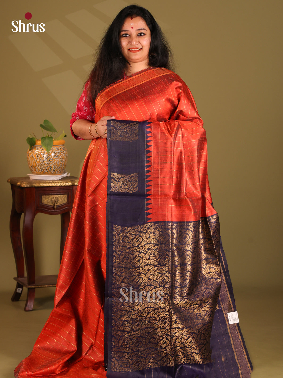 Beautiful Red Raw Silk Saree with zari checks , blue floral brocade pallu - Shop on Shrus.com