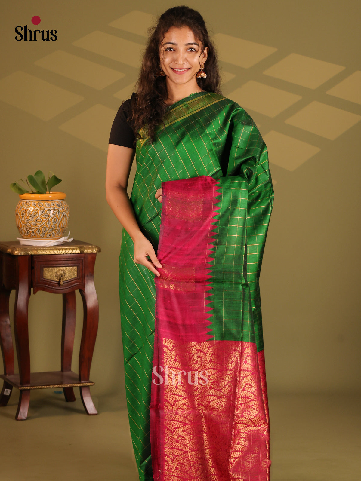 Graceful Green Raw Silk Saree with gold zari checks , Contrast Maroon bocade pallu - Shop on Shrus.com