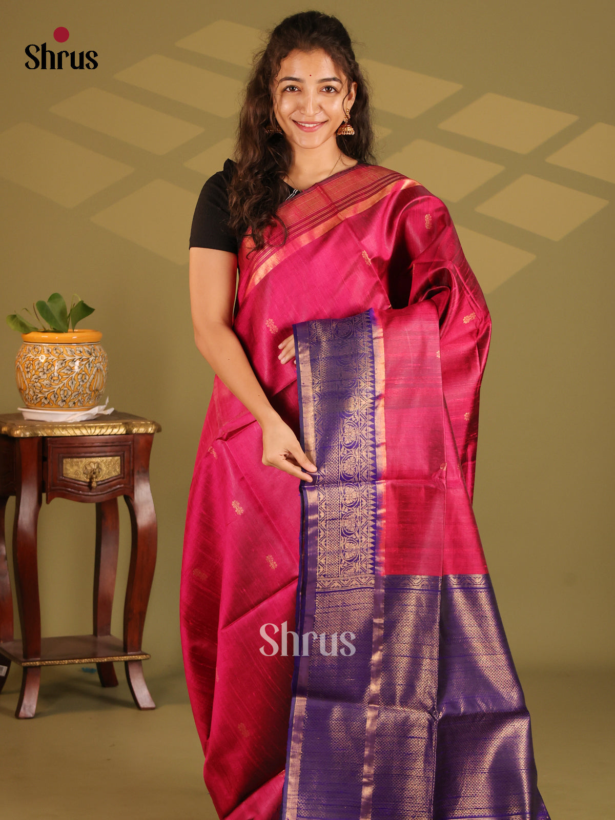 Sublime Maroon Raw Silk Saree with gold zari buttas , blue zari border
