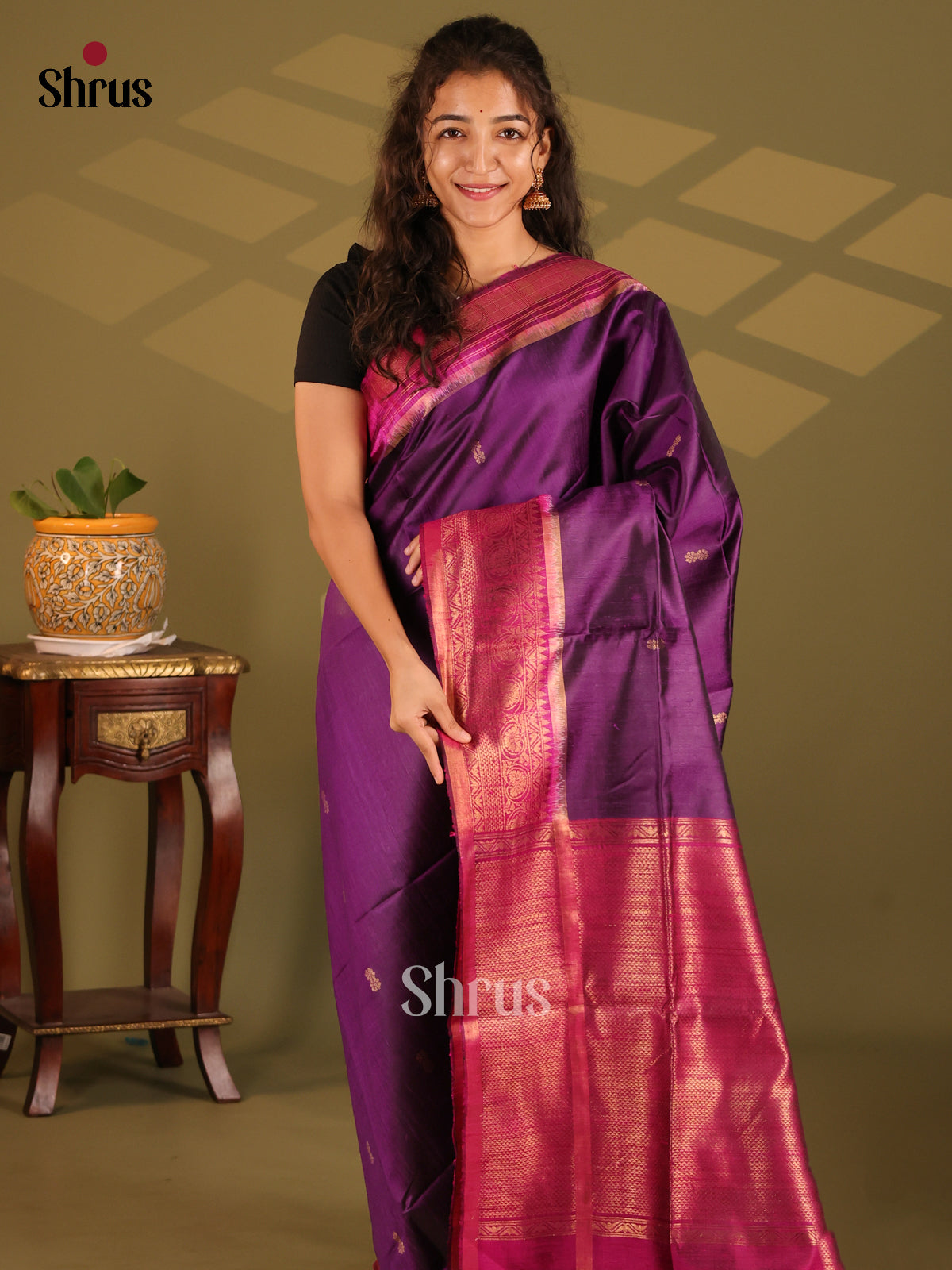 Classy Violet Raw Silk Saree dazzles with golden buttas , Contrast Maroon zari woven pallu - Shop on Shrus.com