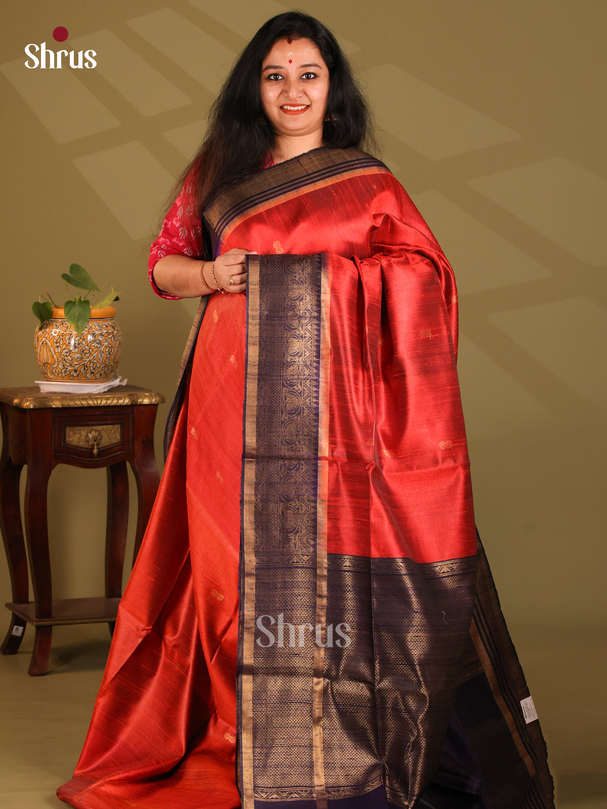 Radiant Red Raw Silk Saree gleams with gold zari buttas , blue zari border - Shop on Shrus.com