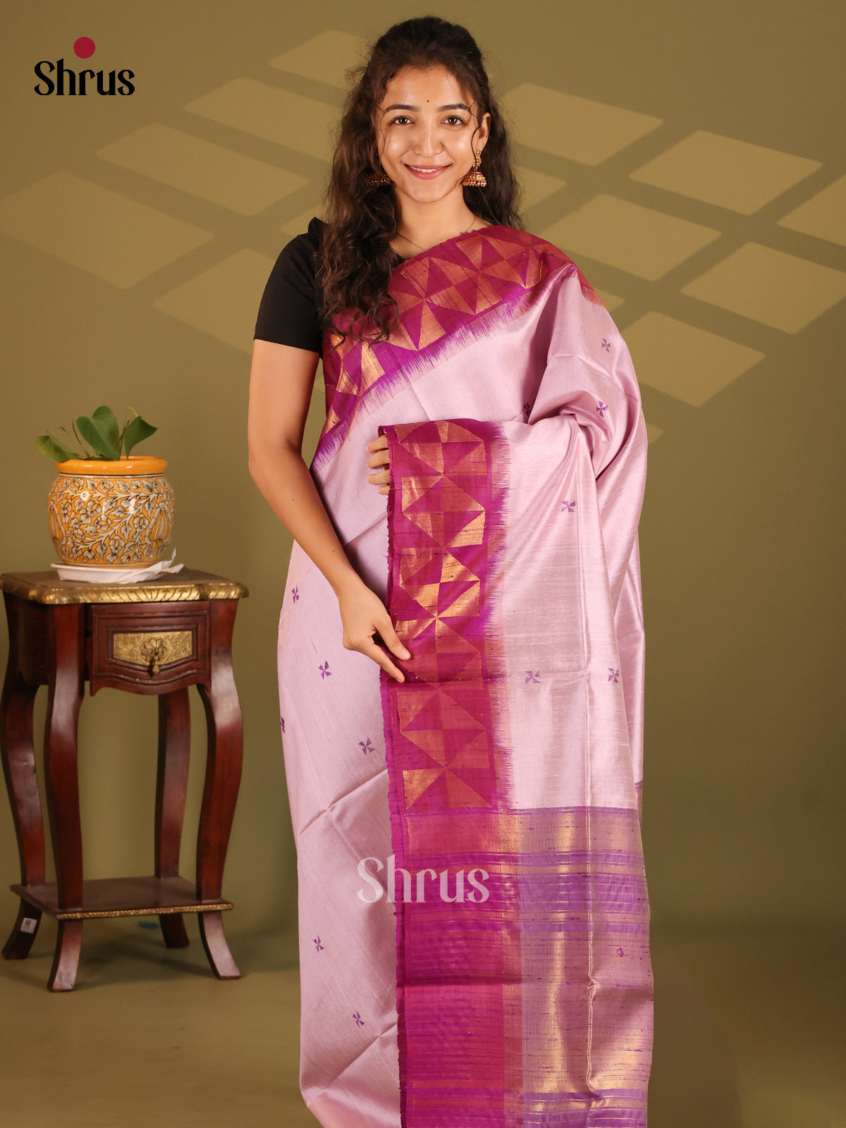 Subtle Pink Raw Silk Saree with thread woven buttas , purple floral zari border - Shop on Shrus.com