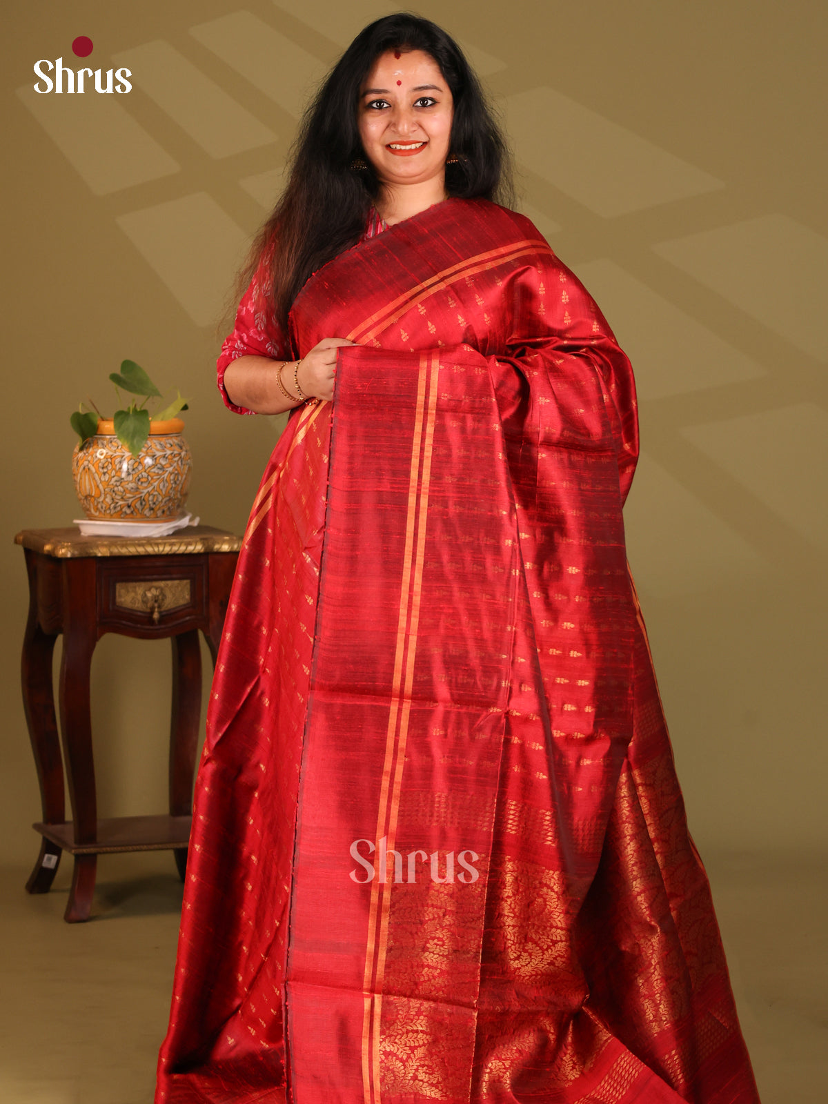 Bright Red Raw Silk Saree with gold zari buttas , self brocade pallu - Shop on Shrus.com