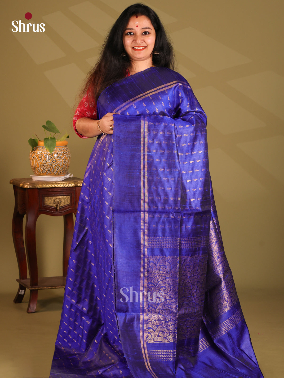 Vibrant blue Raw Silk Saree dazzles with gold zari buttas , self brocade pallu - Shop on Shrus.com