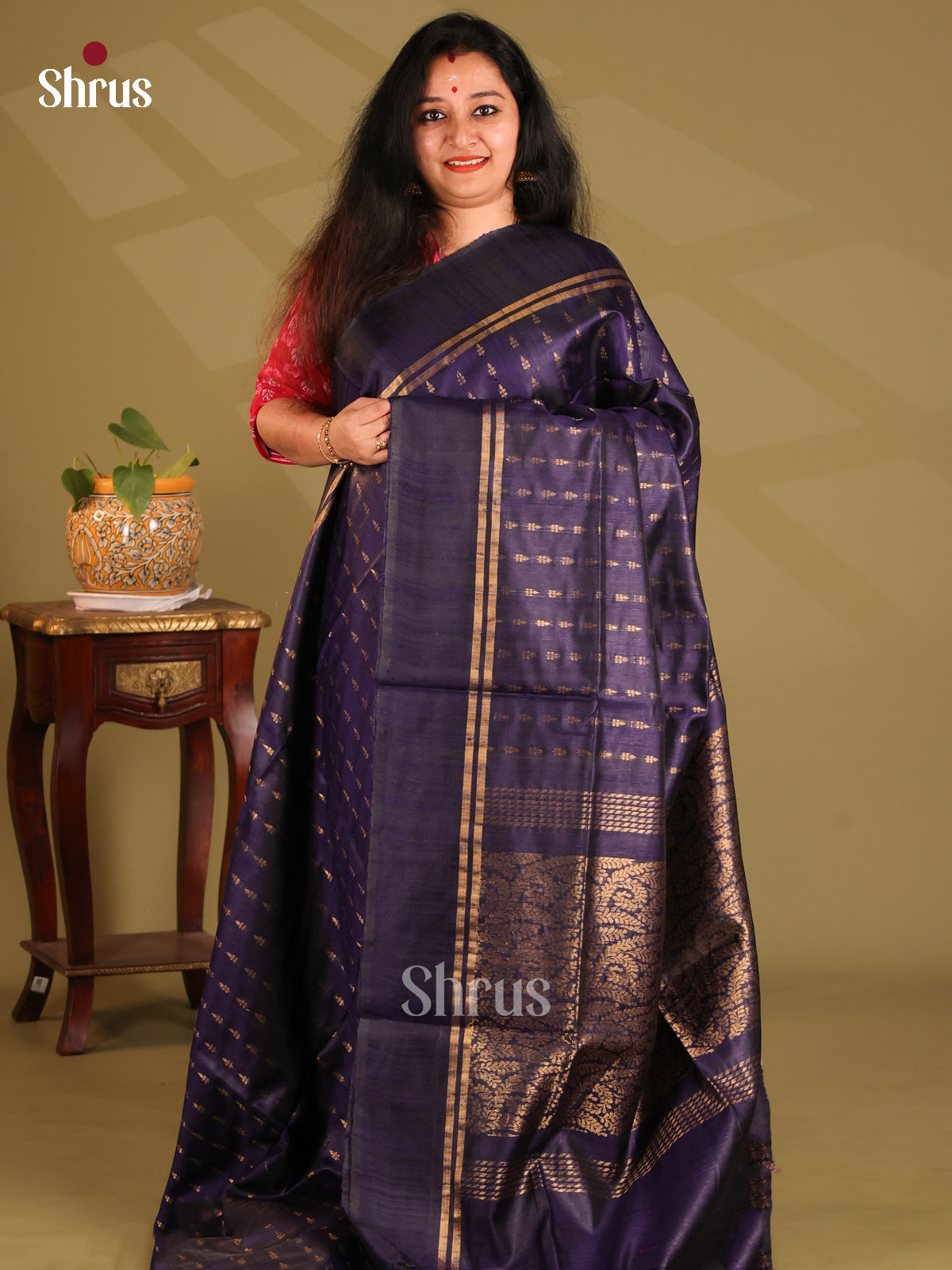 Dazzling Violet Raw Silk Saree with thousand zari buttas , brocade pallu - Shop on Shrus.com