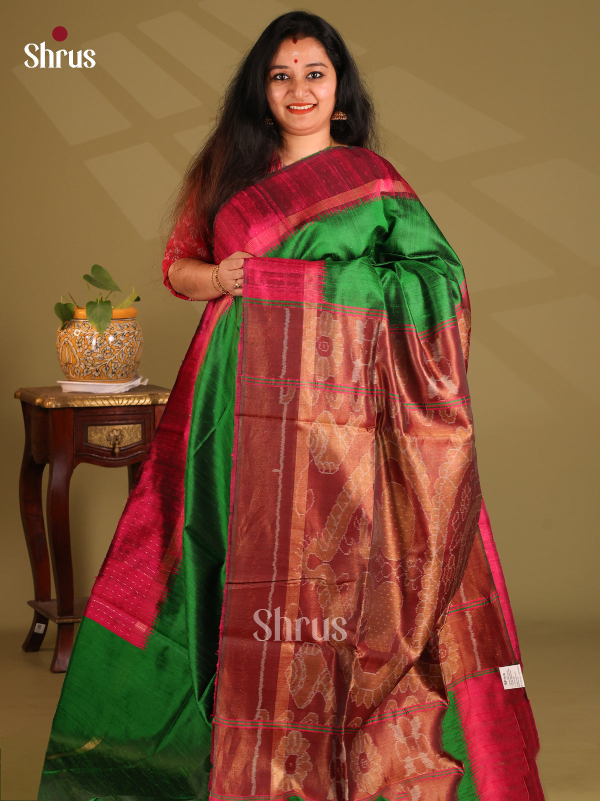 Serene Green Raw Silk Saree with contrast maroon border, brocade pallu