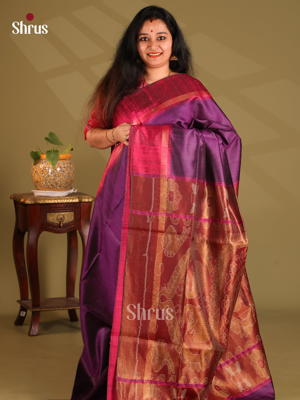 Beautiful Purple Raw Silk Saree with contrast brown zari floral brocade pallu