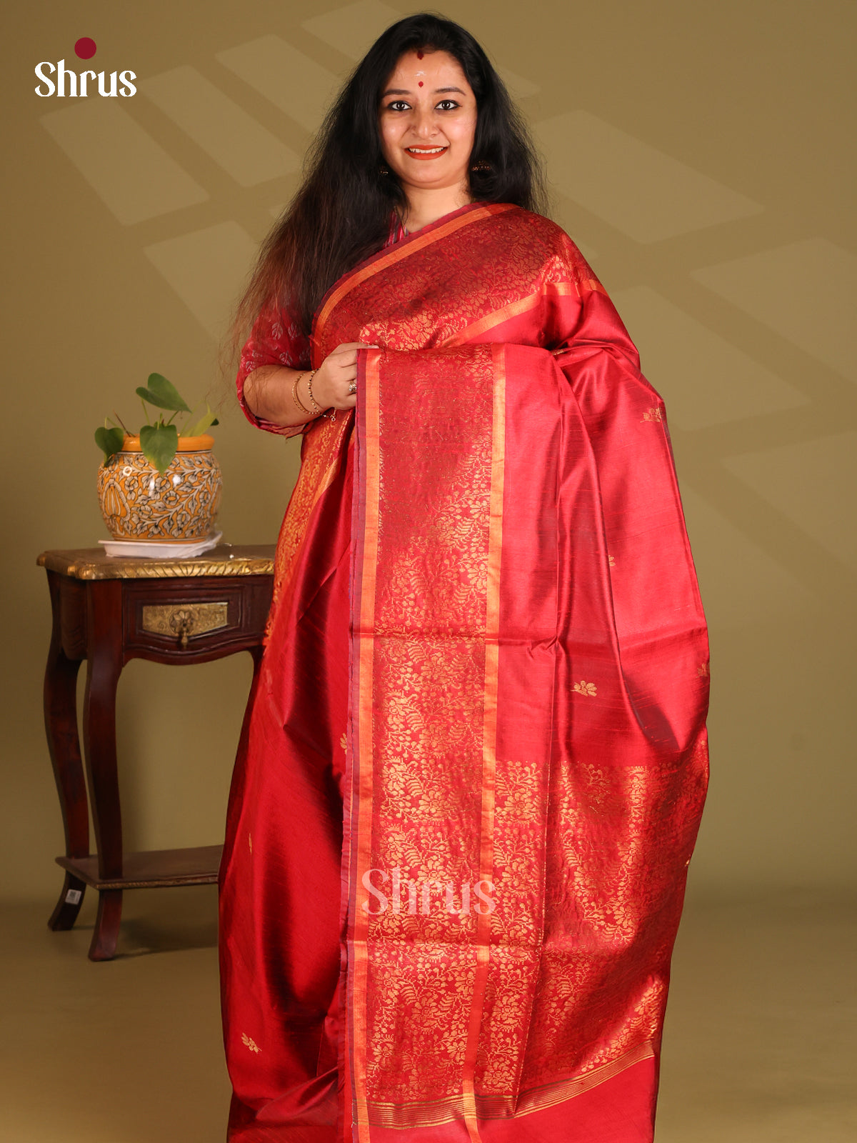 Elegant Red Raw Silk Saree with golden buttas , self floral nestling brocade pallu