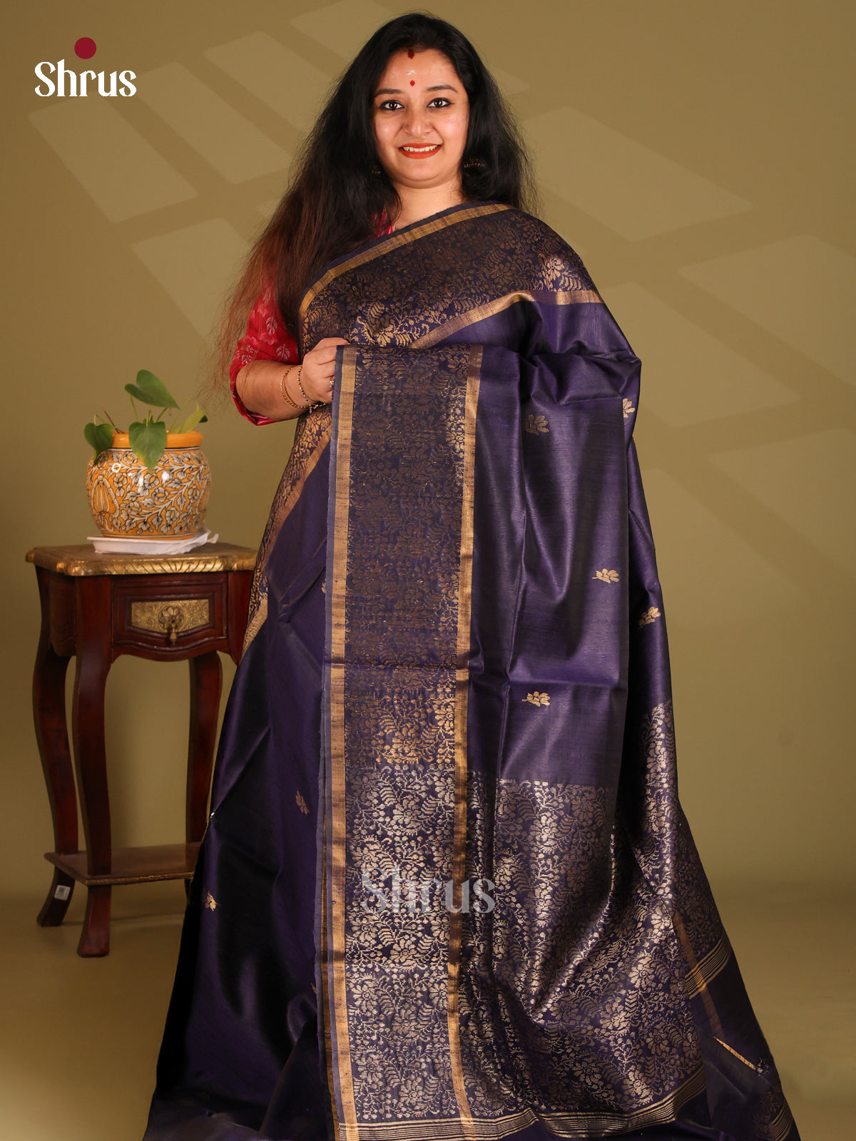 Vibrant Blue Monochrome Raw Silk Saree with gold zari floral buttas , self brocade pallu - Shop on Shrus.com
