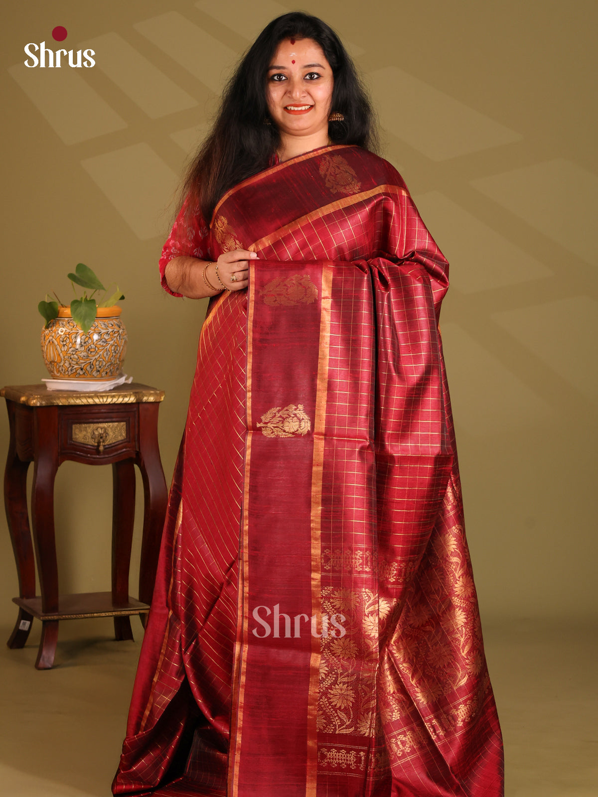 Classy Maroon Raw Silk Saree gleams with zari checks , self brocade pallu - Shop on Shrus.com