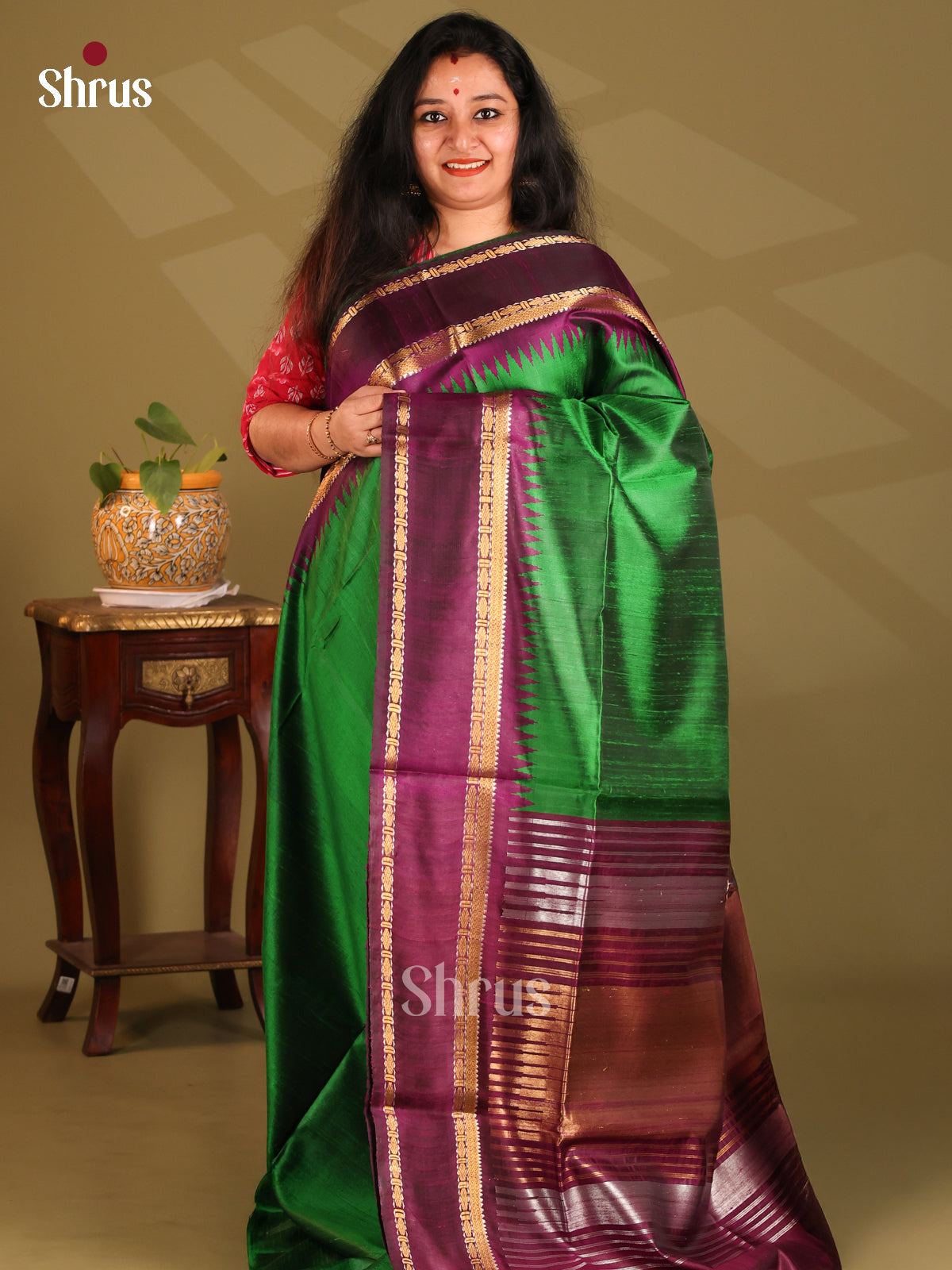 Classic Green Raw Silk Saree with plain body , gold , silver zari wove purple pallu - Shop on Shrus.com