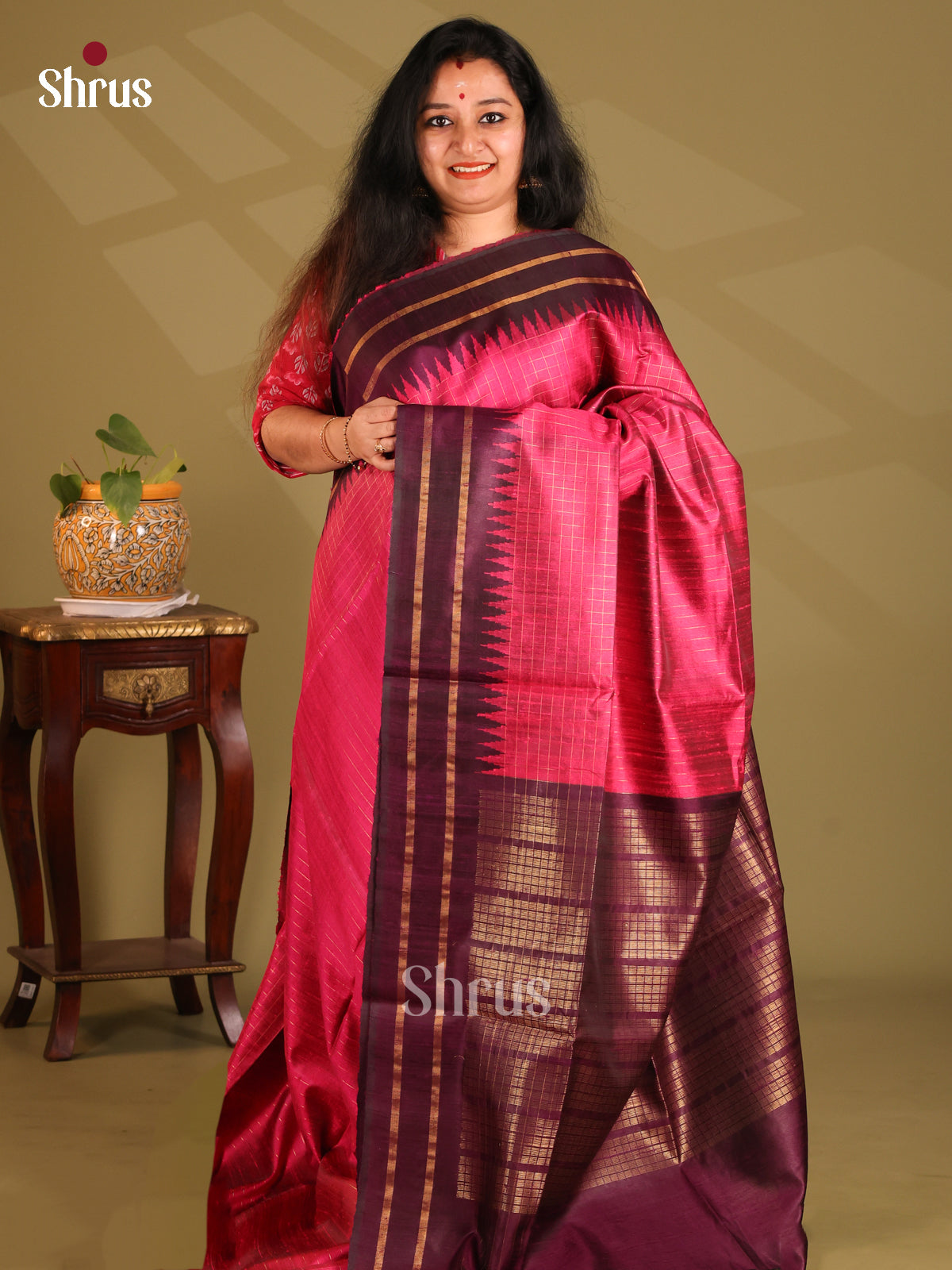 Chic Pink Raw Silk Saree gleams with zari checks ,zari woven brocade pallu - Shop on Shrus.com