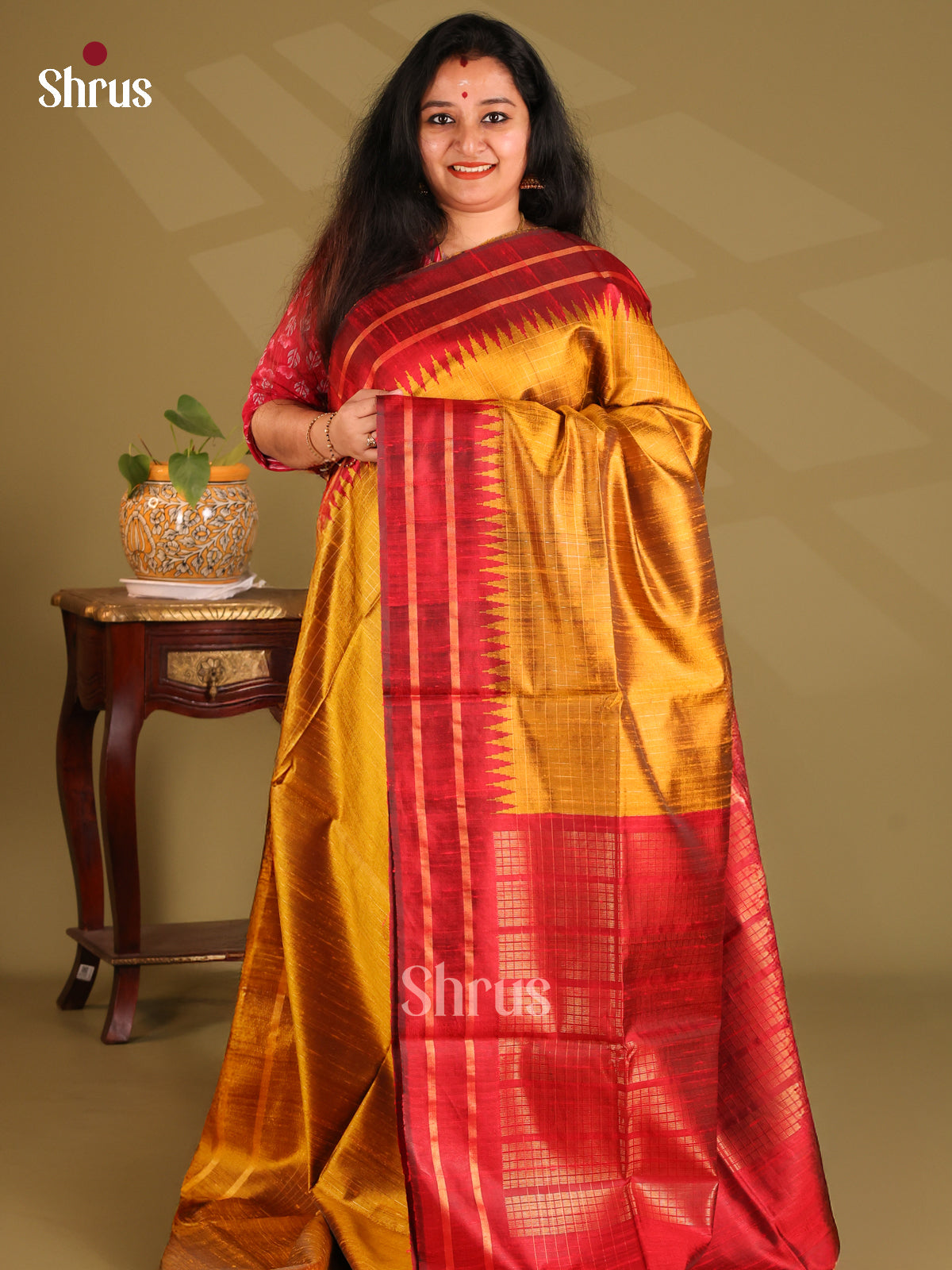 Luminous Mustard Raw Silk Saree with zari checks , contrast zari woven pallu - Shop on Shrus.com