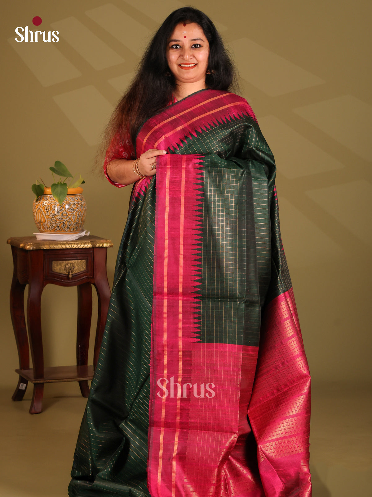 Beautiful Dark Green Raw Silk Saree with gold zari checks , Maroon woven pallu - Shop on Shrus.com