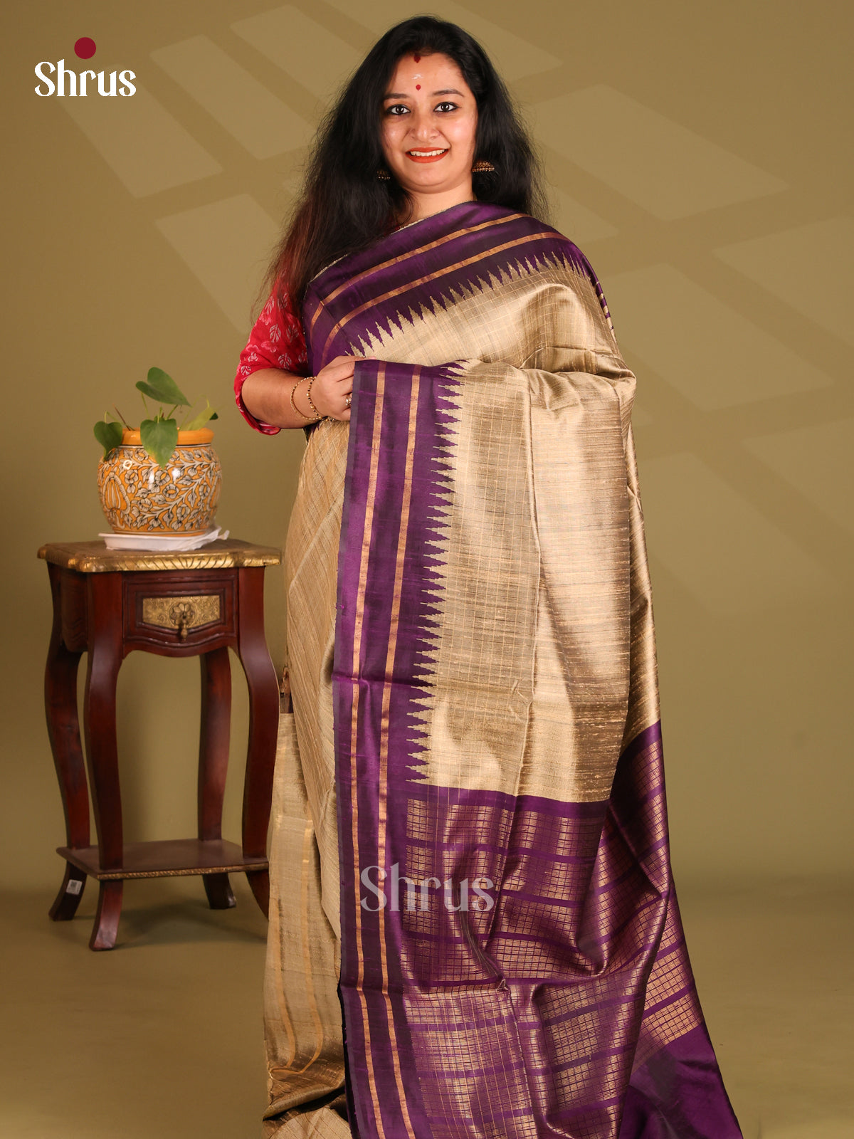 Glimmering Gold Raw Silk Saree with stripes pattern , Contrast violet temple border - Shop on Shrus.com