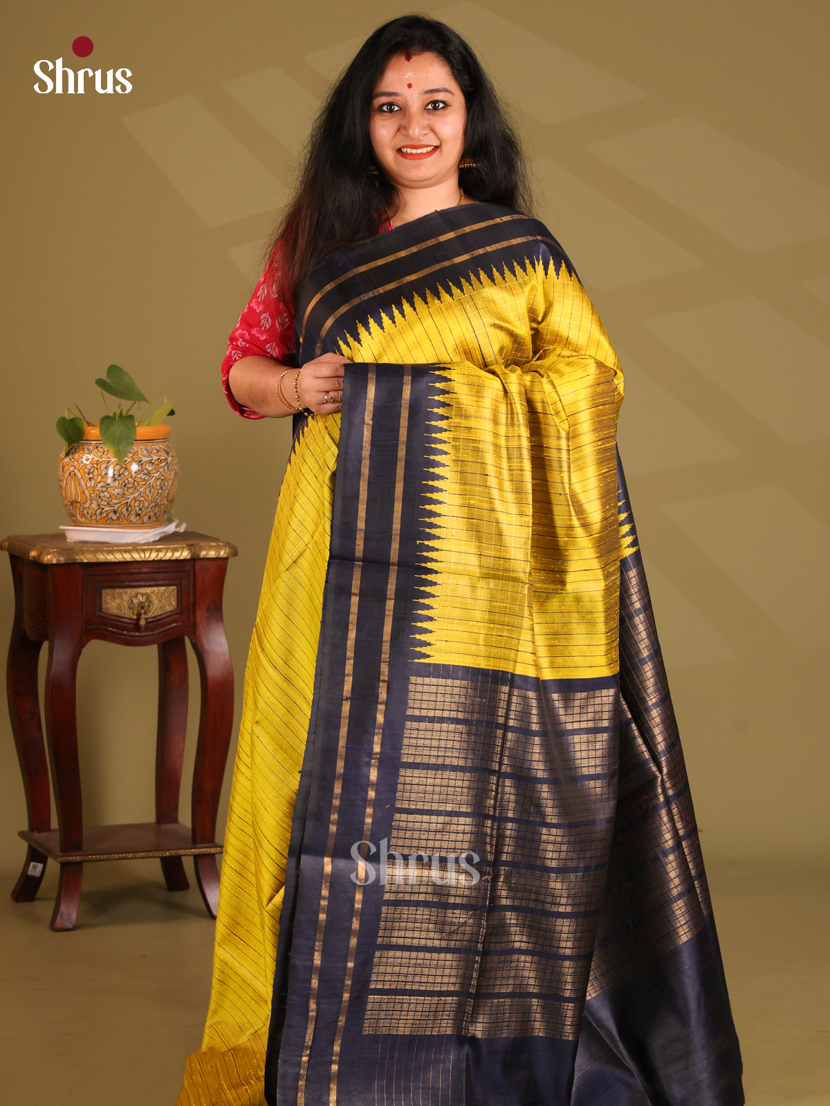 Lustrous Yellow Raw Silk Saree with stripes pattern , contrast blue Border - Shop on Shrus.com