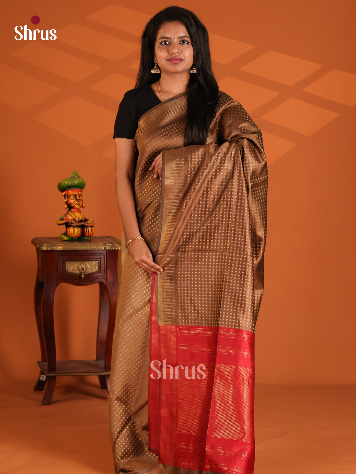 Brown with Red- Semi Rawsilk Saree - Shop on Shrus.com