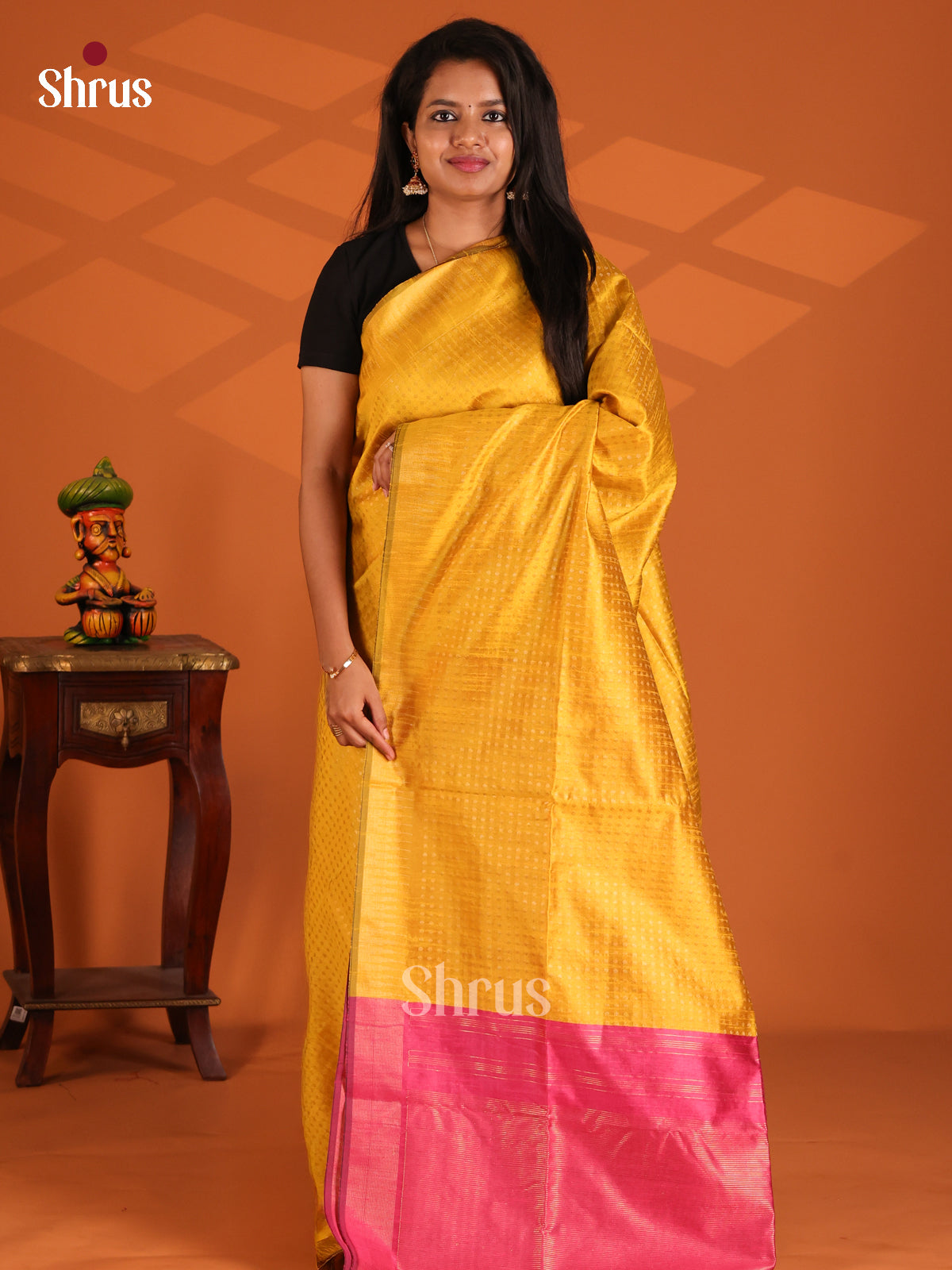 Yellow with Pink - Semi Rawsilk Saree - Shop on Shrus.com