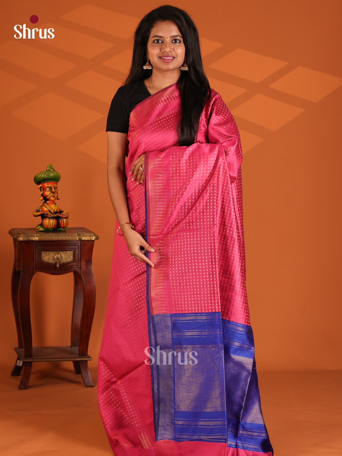 Pink & Blue- Semi Rawsilk Saree - Shop on Shrus.com
