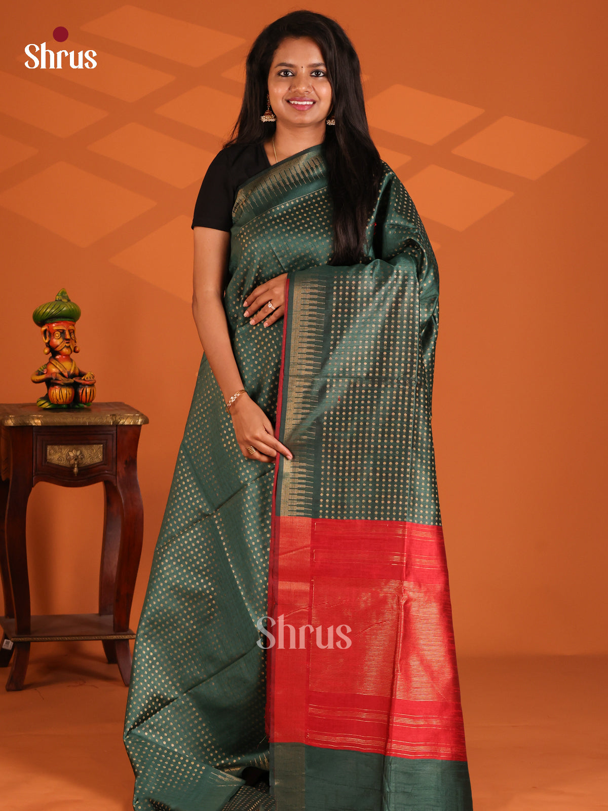 Green with Red- Semi Rawsilk Saree - Shop on Shrus.com