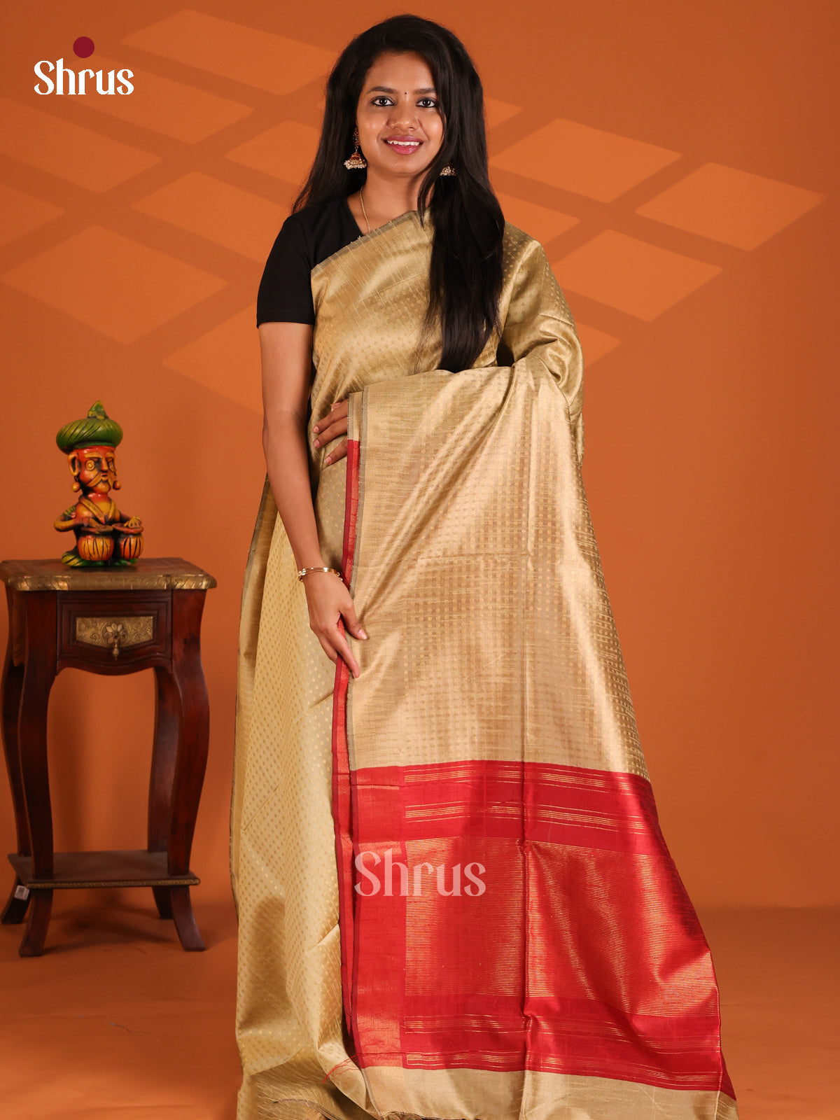 Beige & Red- Semi Rawsilk Saree - Shop on Shrus.com