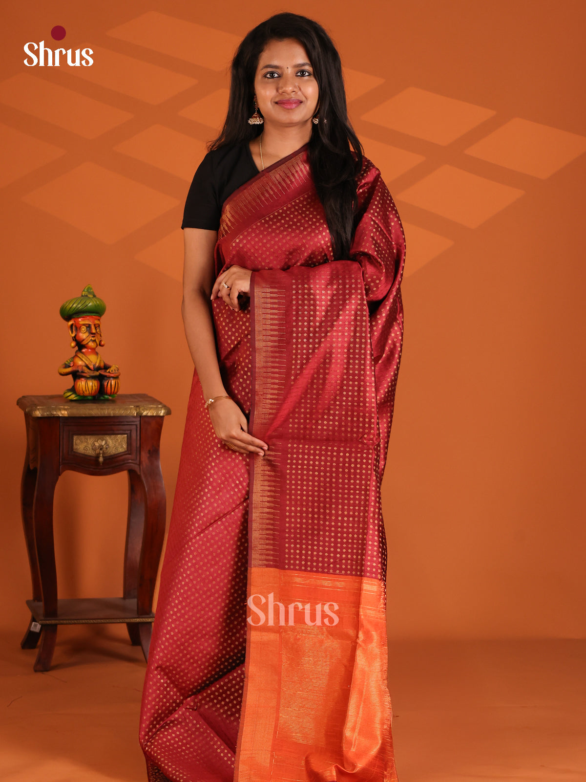 Maroon with Orange - Semi Rawsilk Saree - Shop on Shrus.com