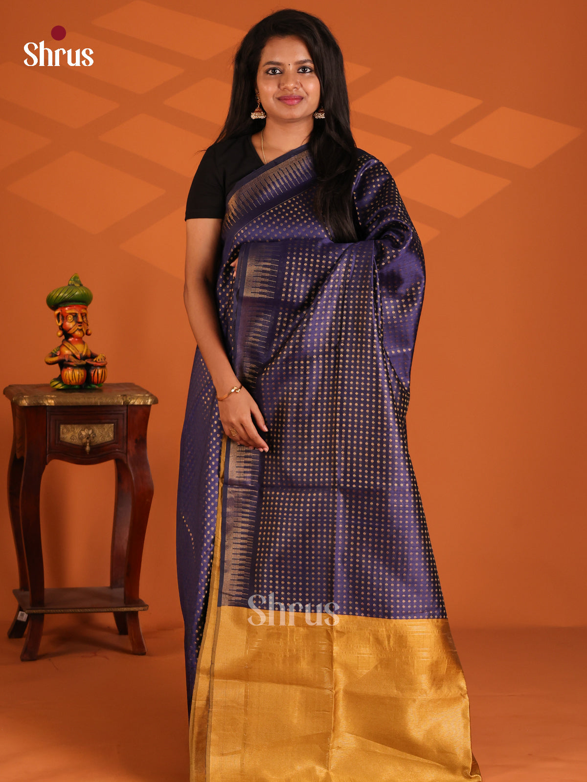 Blue with Mustard - Semi Rawsilk Saree - Shop on Shrus.com