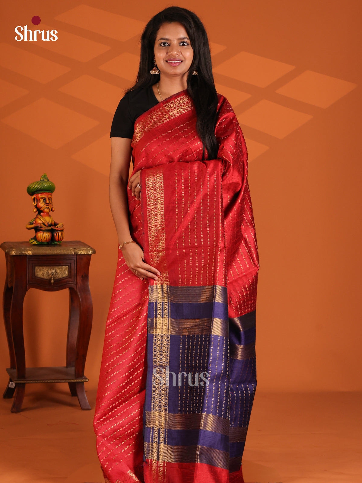Red & Blue - Semi Rawsilk Saree - Shop on Shrus.com