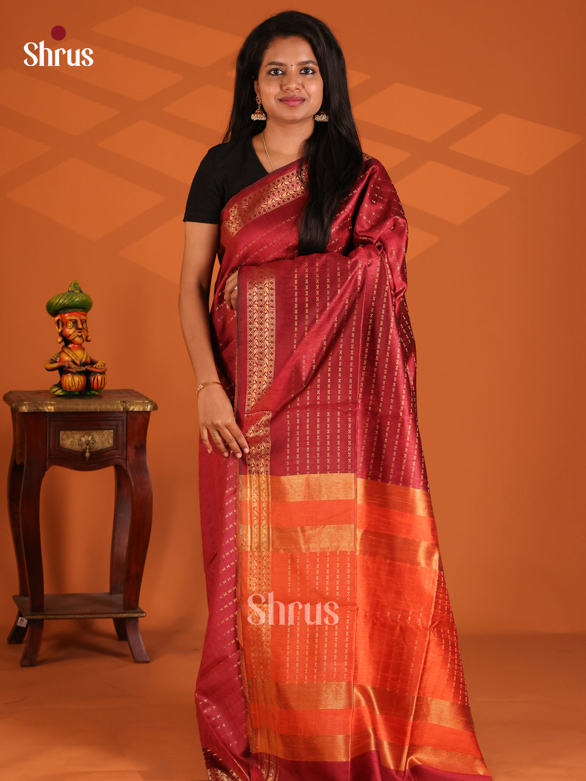 Maroon with Orange - Semi Rawsilk Saree - Shop on Shrus.com