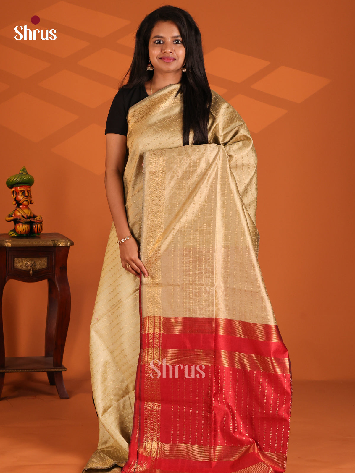 Beige & Red - Semi Rawsilk Saree - Shop on Shrus.com