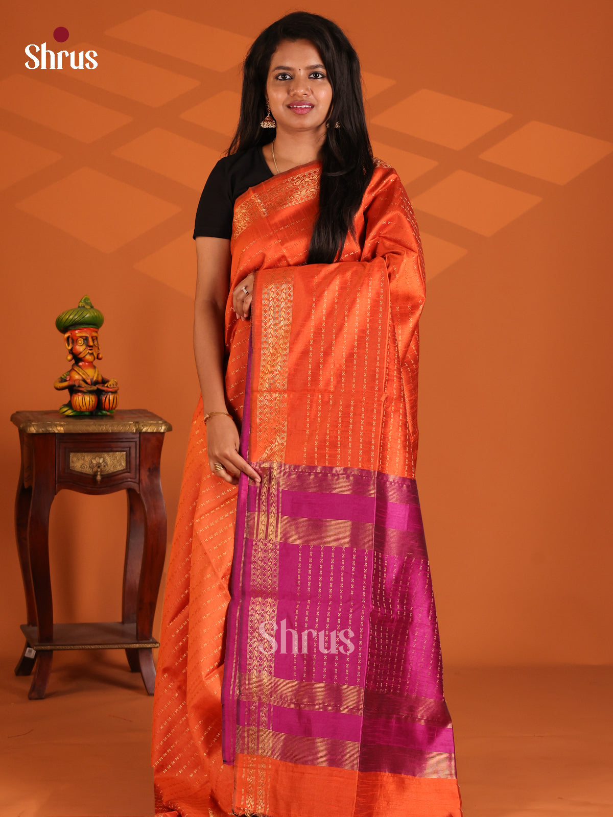 Orange with Purple - Semi Rawsilk Saree - Shop on Shrus.com