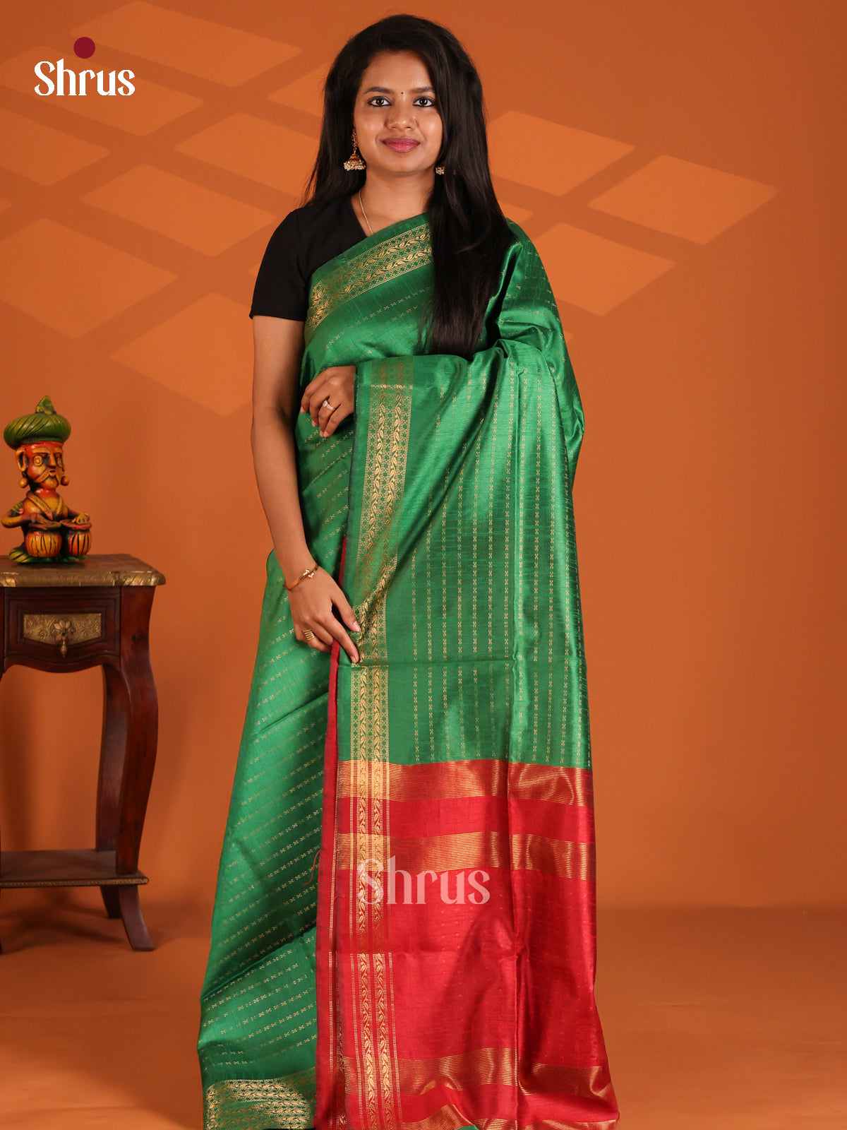 Green & Red - Semi Rawsilk Saree - Shop on Shrus.com