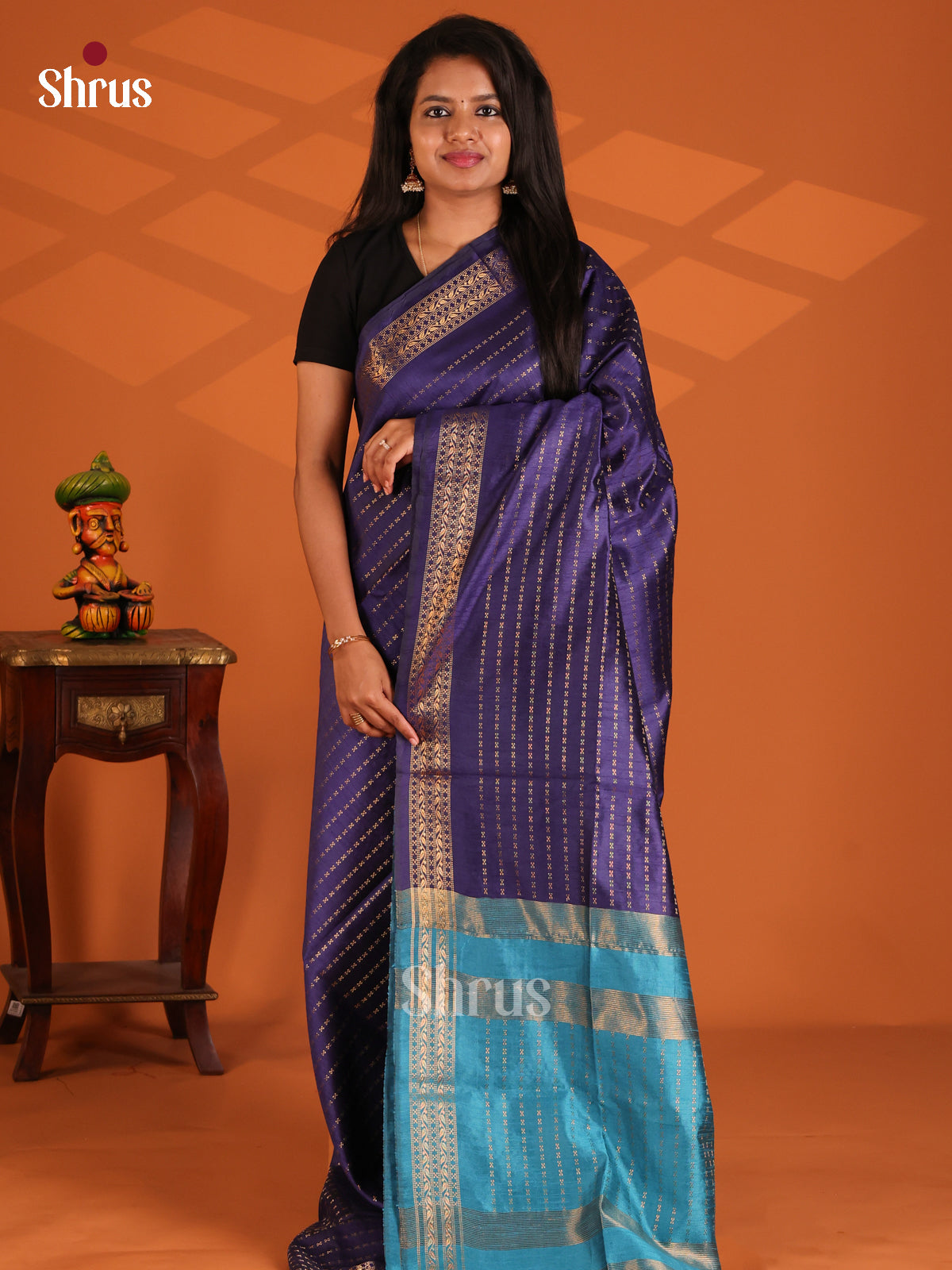 Blue with Teal - Semi Rawsilk Saree - Shop on Shrus.com