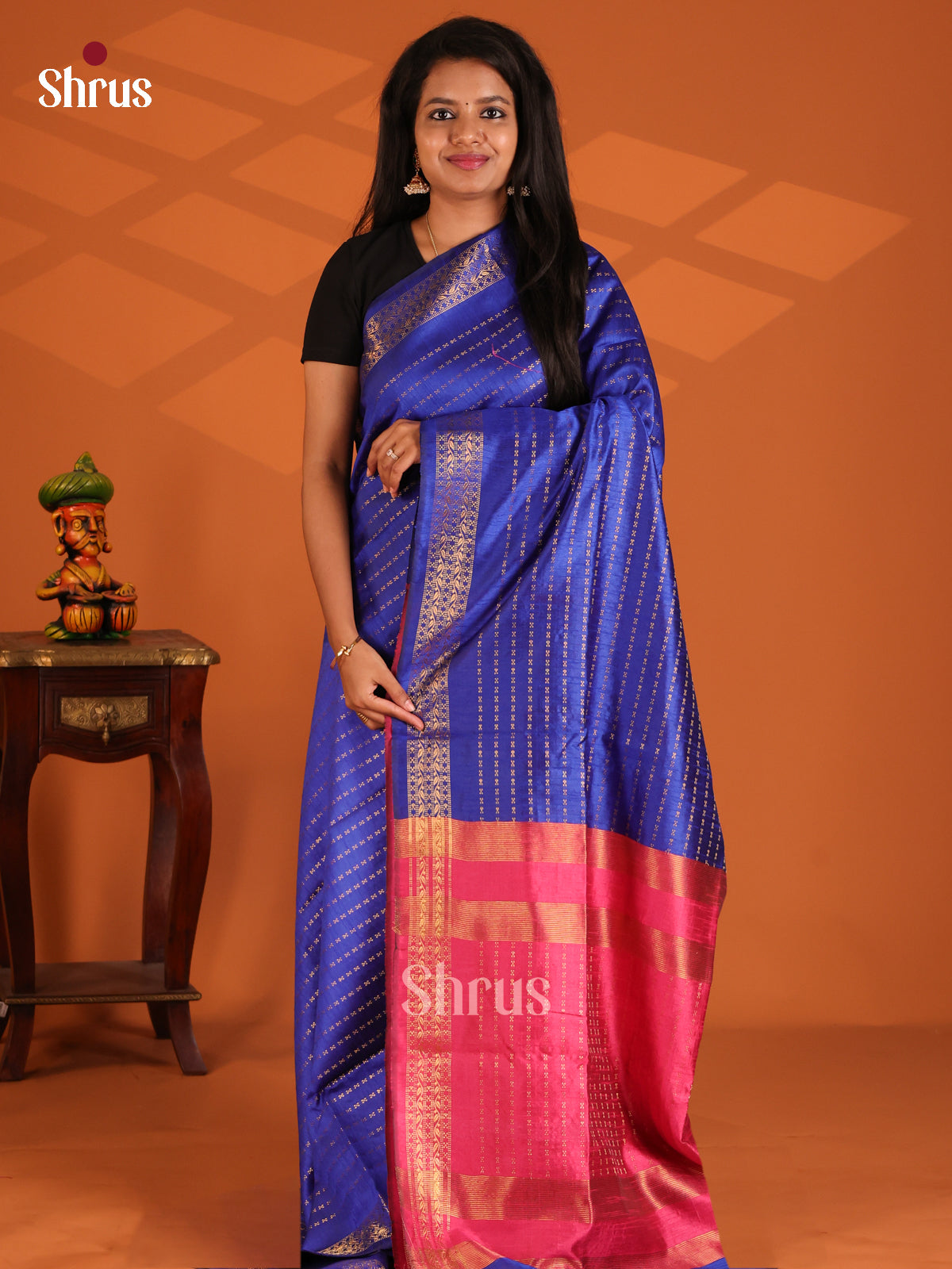 Blue with Pink - Semi Rawsilk Saree - Shop on Shrus.com