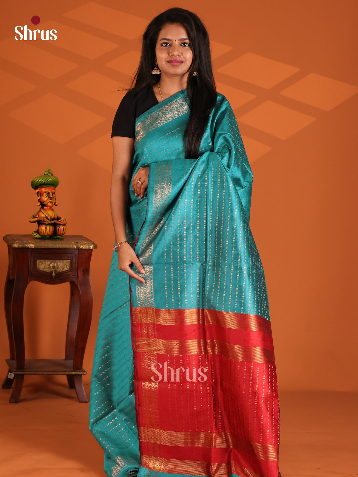 Teal & Red - Semi Rawsilk Saree - Shop on Shrus.com