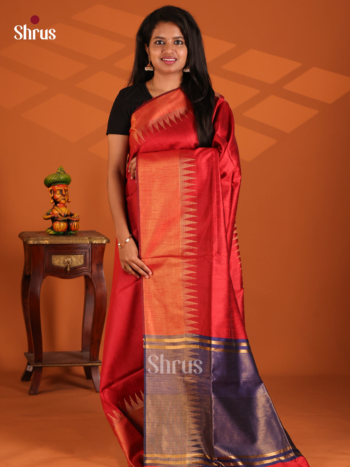 Red with blue - Semi Rawsilk Saree - Shop on Shrus.com