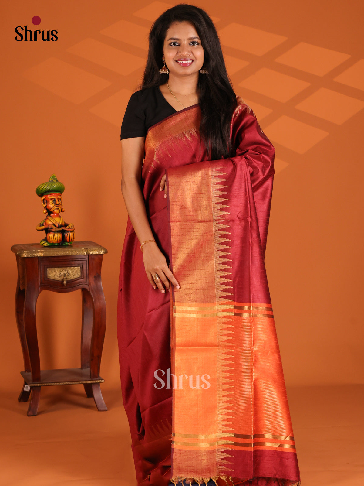 Maroon with Orange - semi raw silk - Shop on Shrus.com