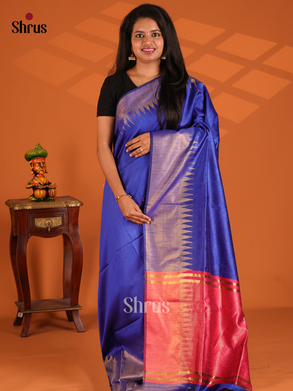 Blue with Maroon- semi raw silk Saree - Shop on Shrus.com
