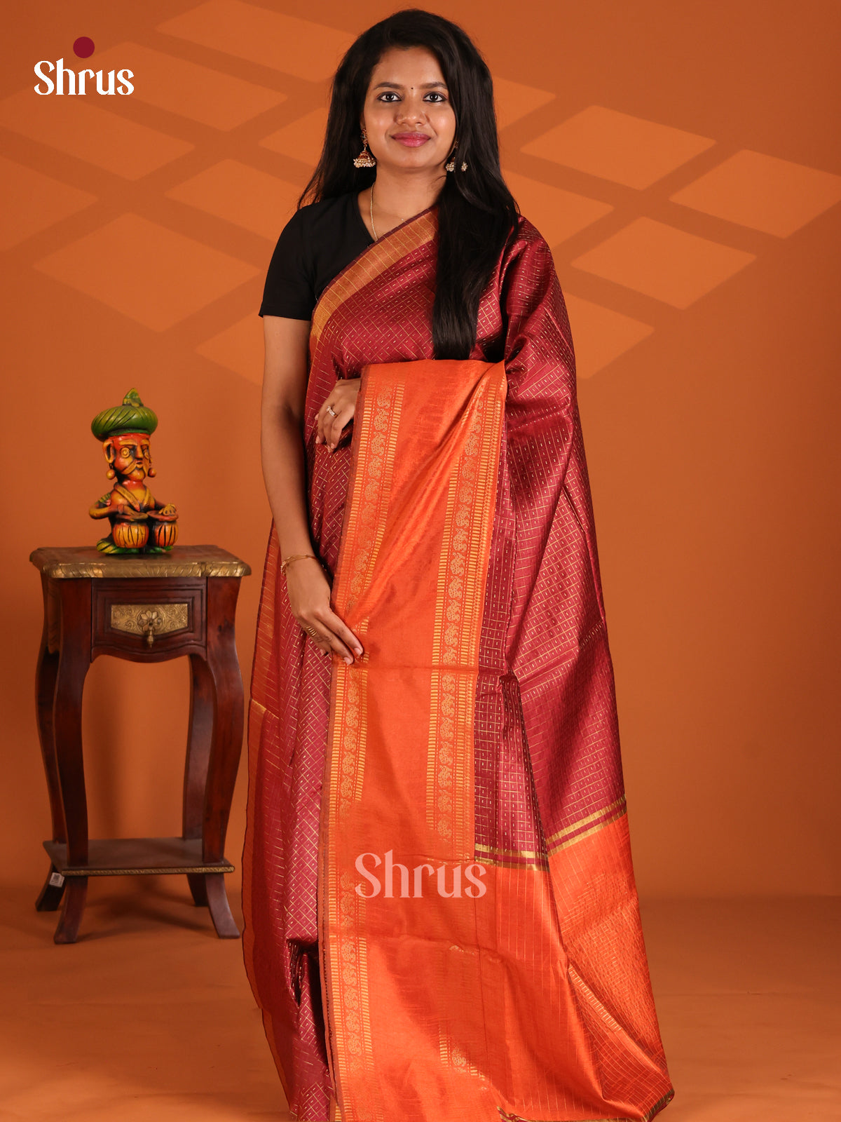 Maroon with Orange - Semi Rawsilk Saree - Shop on Shrus.com