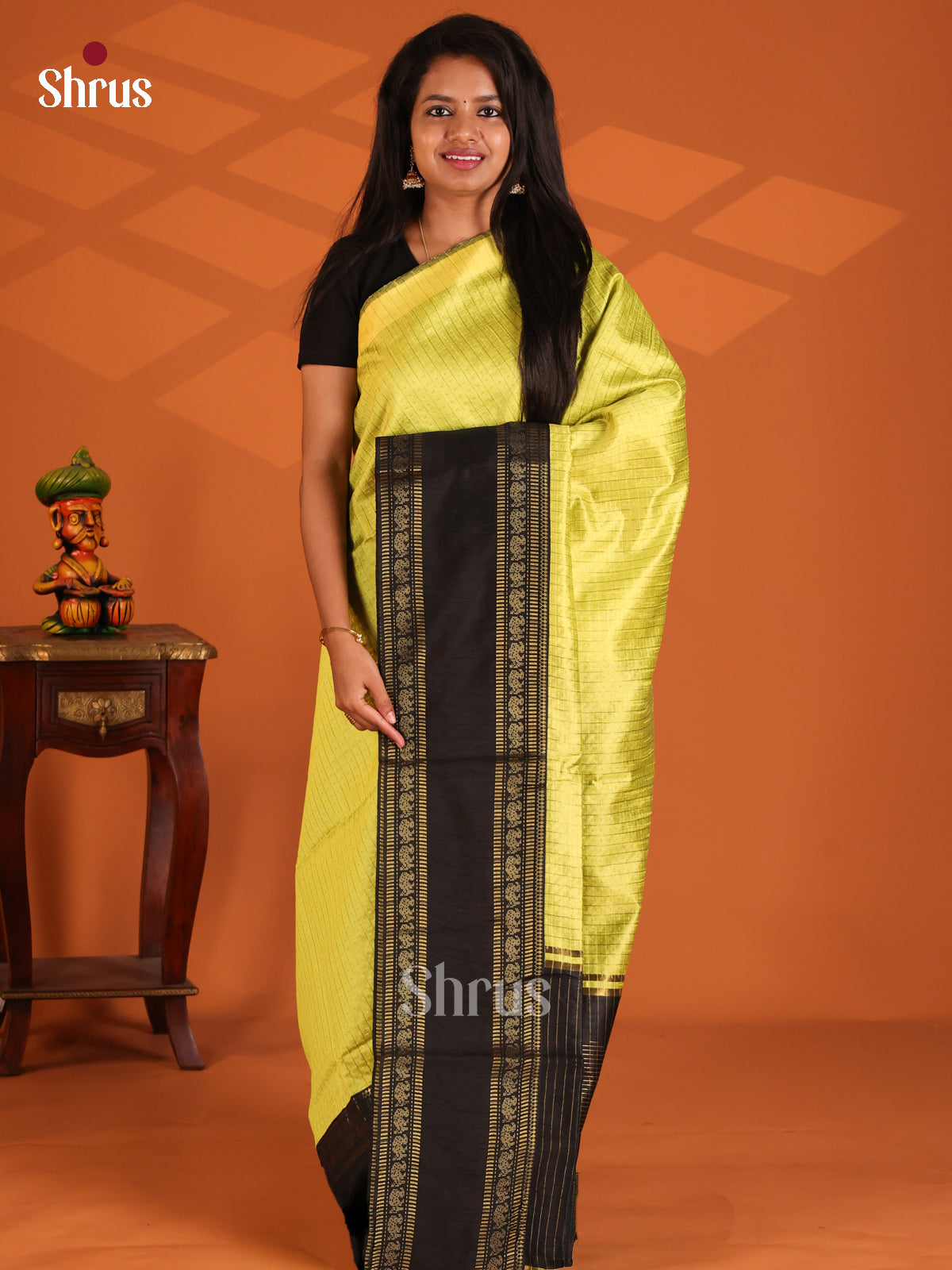 Green with Black- Semi Rawsilk Saree - Shop on Shrus.com