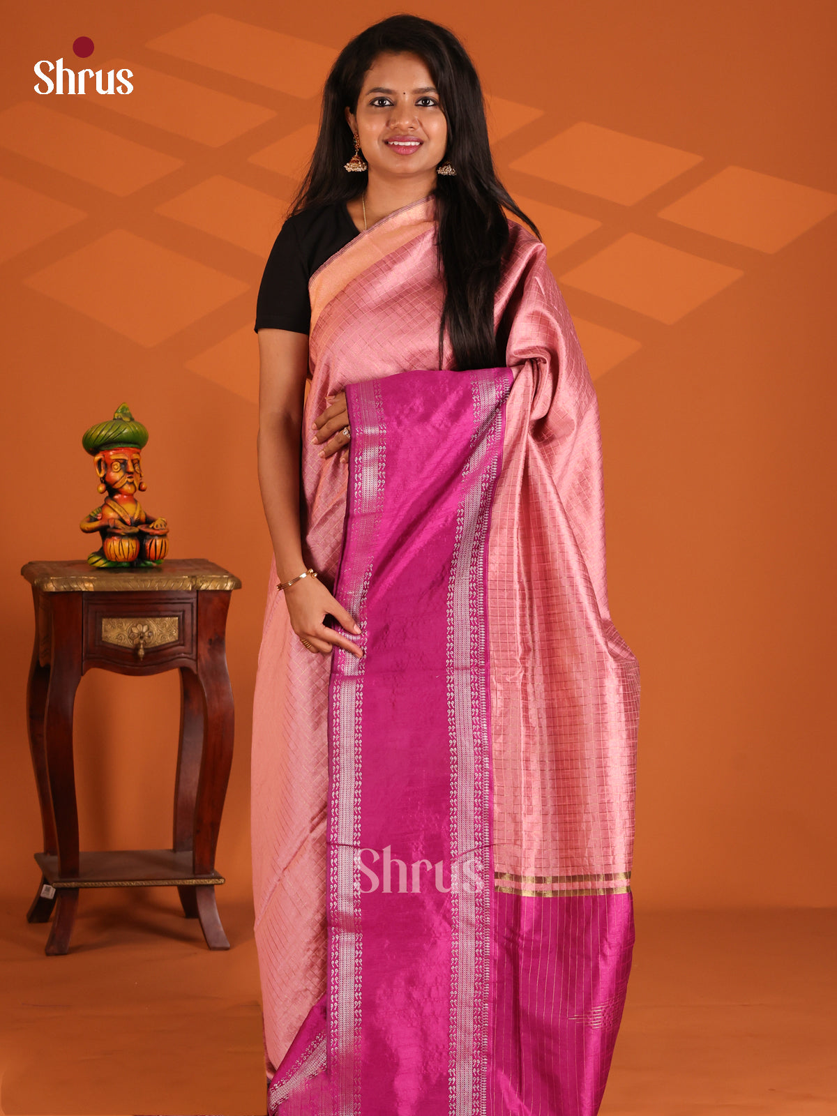 Pink with Majenta - Semi Rawsilk Saree - Shop on Shrus.com