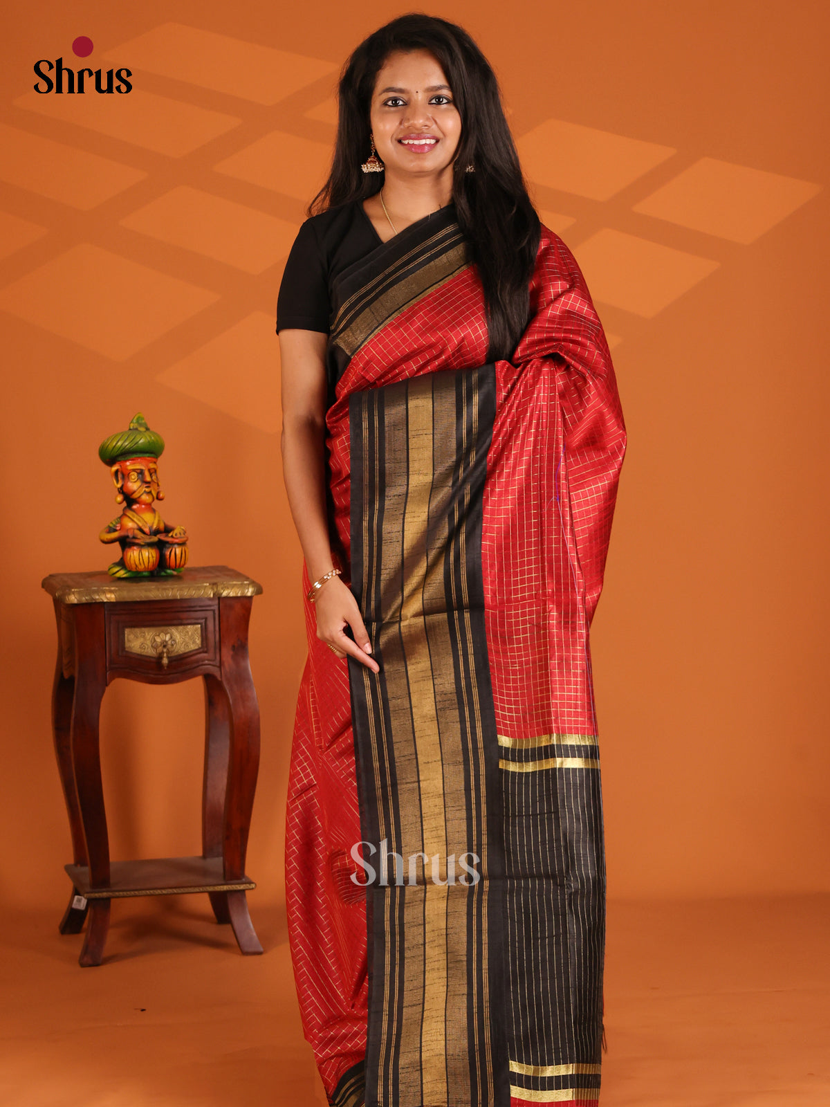 Red with Black - semi raw silk Saree - Shop on Shrus.com