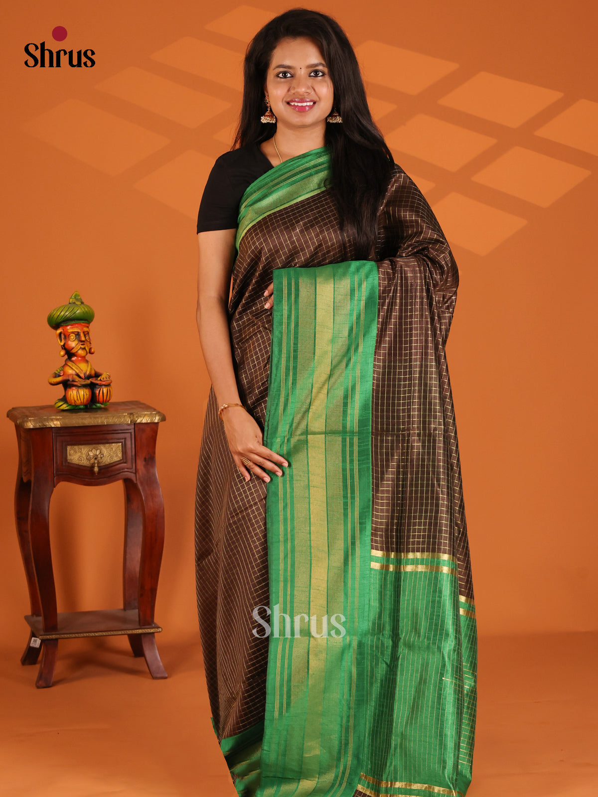 Brown with Green - semi raw silk Saree - Shop on Shrus.com