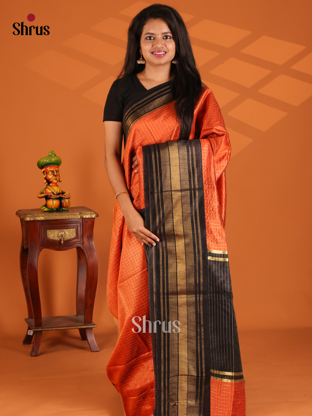 Orange with Black - semi raw silk Saree - Shop on Shrus.com